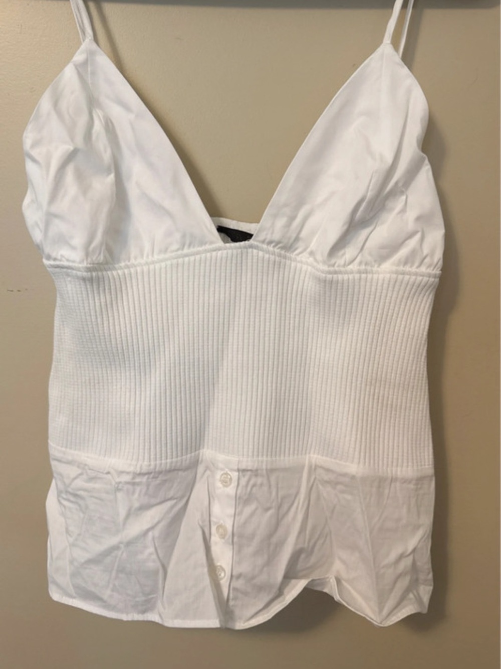 Zara White Ribbed V-Neck Cami Tank Top